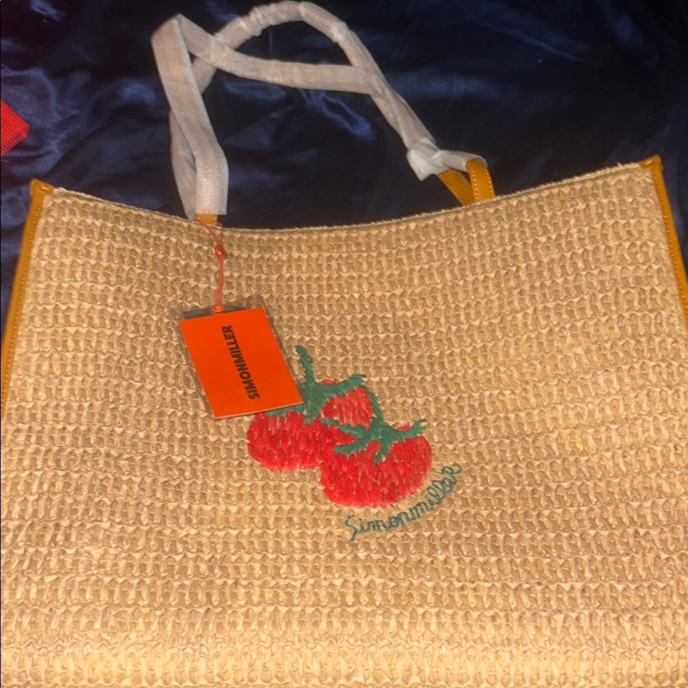 Simon Miller S997 Raffia Embroidered Logo Studio Tote Tan and Red bag NWT